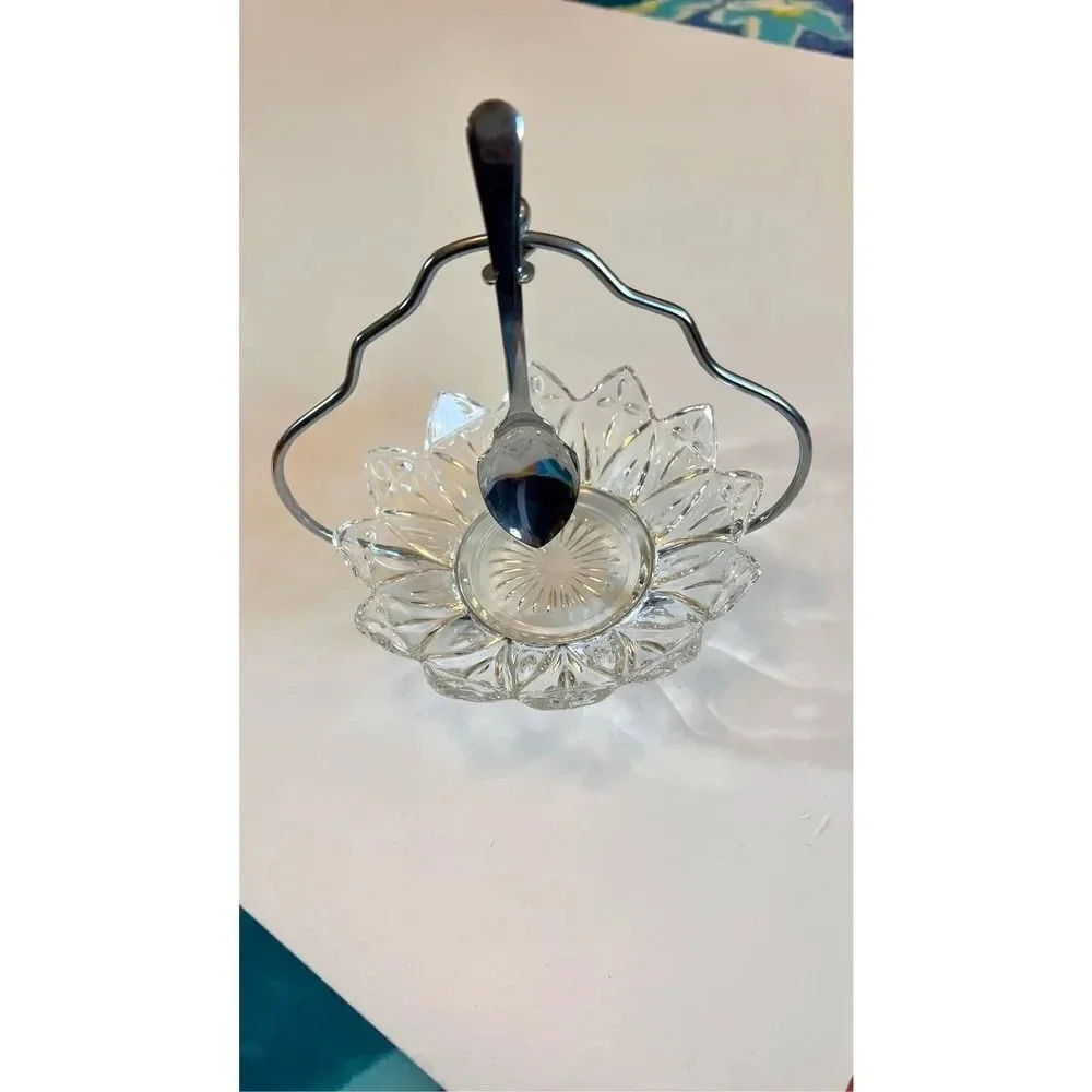 VTG Condiment candy Server 3 pc. Set Holder, Spoon, and Glass Dish Chrome Sheffi
